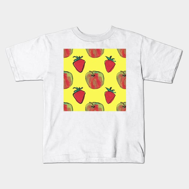 Apples and strawberries on yellow Kids T-Shirt by Kimmygowland